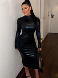 DERMEARNE 2024 Autumn Sexy Hipster O-neck PU Leather Dress Women Fashion Streetwear Long Sleeve Party Dresses Female Bodycon Dress Robe