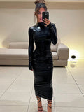 DERMEARNE 2024 Autumn Sexy Hipster O-neck PU Leather Dress Women Fashion Streetwear Long Sleeve Party Dresses Female Bodycon Dress Robe