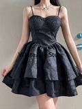 DERMEARNE 2024 Summer Black Gothic Lolita Short Party Suits Women Long Sleeve Coat + Pure Color Mini Dress Fashion High Waist Outfits Chic