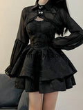 DERMEARNE 2024 Summer Black Gothic Lolita Short Party Suits Women Long Sleeve Coat + Pure Color Mini Dress Fashion High Waist Outfits Chic