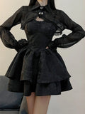 DERMEARNE 2024 Summer Black Gothic Lolita Short Party Suits Women Long Sleeve Coat + Pure Color Mini Dress Fashion High Waist Outfits Chic
