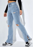 DERMEARNE 2024 Winter New Women's High Waist Ripped Leg Slit Jeans Fashion Slim Fit Stretch Denim Straight Legs Casual Trousers S-2XL