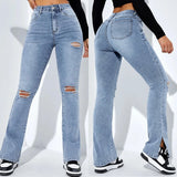 DERMEARNE 2024 Winter New Women's High Waist Ripped Leg Slit Jeans Fashion Slim Fit Stretch Denim Straight Legs Casual Trousers S-2XL