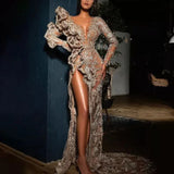 DERMEARNE 2024 new sexy splash gold sequin long sleeve party dress train dress