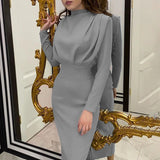 DERMEARNE 2024 Autumn Solid Bodycon Midi Dress Turtleneck Long Sleeve Slim Office Lady Sexy Office Lady Blue Party Dresses For Women Work