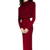 DERMEARNE 2024 Autumn Solid Bodycon Midi Dress Turtleneck Long Sleeve Slim Office Lady Sexy Office Lady Blue Party Dresses For Women Work