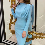 DERMEARNE 2024 Autumn Solid Bodycon Midi Dress Turtleneck Long Sleeve Slim Office Lady Sexy Office Lady Blue Party Dresses For Women Work