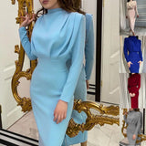 DERMEARNE 2024 Autumn Solid Bodycon Midi Dress Turtleneck Long Sleeve Slim Office Lady Sexy Office Lady Blue Party Dresses For Women Work