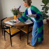 DERMEARNE 2025 Autumn Striped Women Sweater Long Cardigan Keep Warm Loose Sweaters Female New Winter Elegant Casual Trendy Ladies Clothes