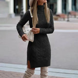 DERMEARNE 2024 Autumn Winter New Women's Knitted Wrap Hip Skirt High Neck Warm and Thickened Elegant Knitted Sweater Long Sleeve Dress