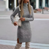 DERMEARNE 2024 Autumn Winter New Women's Knitted Wrap Hip Skirt High Neck Warm and Thickened Elegant Knitted Sweater Long Sleeve Dress