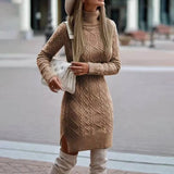 DERMEARNE 2024 Autumn Winter New Women's Knitted Wrap Hip Skirt High Neck Warm and Thickened Elegant Knitted Sweater Long Sleeve Dress
