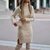 DERMEARNE 2024 Autumn Winter New Women's Knitted Wrap Hip Skirt High Neck Warm and Thickened Elegant Knitted Sweater Long Sleeve Dress