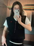 Dermearne 2024 Embroidery V-neck Knitted Vest Women Vintage Solid Pullover Cable Sweater New Korean Retro Spring Autumn Loose Tank Tops