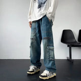 DERMEARNE 2025 New Men's Streetwear Multi-pocket Cargo Jeans Y2K Vintage Wide Leg Denim Pants Hip Hop Fashion Baggy Jean Hombre Trousers