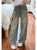 DERMEARNE 2024 New Retro High Waist Loose Flare Jeans Lady Designer Baggy Wide Leg Pants Korean Version Raw Edge Denim Blue Trousers 957
