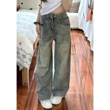 DERMEARNE 2024 New Retro High Waist Loose Flare Jeans Lady Designer Baggy Wide Leg Pants Korean Version Raw Edge Denim Blue Trousers 957
