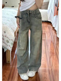 DERMEARNE 2024 New Retro High Waist Loose Flare Jeans Lady Designer Baggy Wide Leg Pants Korean Version Raw Edge Denim Blue Trousers 957