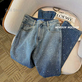 DERMEARNE 2024 New Spring Summer All-match Casual Harem Pants High Waist Stretch Slim Denim Pants Hot Drilling Casual Ankle-length Jeans