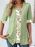 DERMEARNE 2024 Plus Size T Shirts Women Fashion Elegant Patchwork Fake Two Piece Shirts Summer Casual Print Half Sleeve Ladies Loose Tops