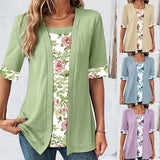DERMEARNE 2024 Plus Size T Shirts Women Fashion Elegant Patchwork Fake Two Piece Shirts Summer Casual Print Half Sleeve Ladies Loose Tops