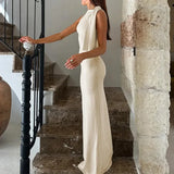 DERMEARNE 2024 Sexy Round Neck Sleeveless Party Dress Women Elegant Tie-up Satin  Long Dress Summer Fashion High Waist Solid Skinny Dress