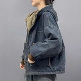 DERMEARNE 2024 Winter Fashion Casual Denim Jacket Women Warm Vintage Ladies Hooded Thick Granular fleece jeans Coat Loose Outerwear