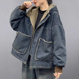 DERMEARNE 2024 Winter Fashion Casual Denim Jacket Women Warm Vintage Ladies Hooded Thick Granular fleece jeans Coat Loose Outerwear