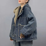 DERMEARNE 2024 Winter Fashion Casual Denim Jacket Women Warm Vintage Ladies Hooded Thick Granular fleece jeans Coat Loose Outerwear