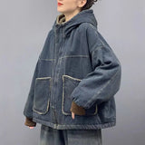 DERMEARNE 2024 Winter Fashion Casual Denim Jacket Women Warm Vintage Ladies Hooded Thick Granular fleece jeans Coat Loose Outerwear