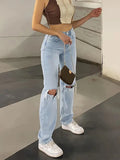 DERMEARNE 2024 women's new knee-piercing jeans women's loose comfortable casual all-match straight micro-elastic jeans