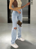 DERMEARNE 2024 women's new knee-piercing jeans women's loose comfortable casual all-match straight micro-elastic jeans