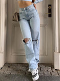 DERMEARNE 2024 women's new knee-piercing jeans women's loose comfortable casual all-match straight micro-elastic jeans