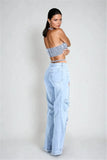 DERMEARNE 2024 women's tassel diamond cut pants mid waist straight leg jeans hollowed out style multi pocket elastic pants