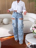 DERMEARNE 2024 women's tassel diamond cut pants mid waist straight leg jeans hollowed out style multi pocket elastic pants