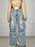 DERMEARNE 2024 women's tassel diamond cut pants mid waist straight leg jeans hollowed out style multi pocket elastic pants