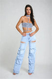 DERMEARNE 2024 women's tassel diamond cut pants mid waist straight leg jeans hollowed out style multi pocket elastic pants