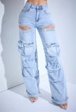 DERMEARNE 2024 women's tassel diamond cut pants mid waist straight leg jeans hollowed out style multi pocket elastic pants