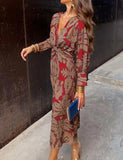 DERMEARNE 2025 Autumn New Women's Fashion Printed Sexy V-neck Casual Comfortable Nine Inch Sleeve Medium Length Dress For Women