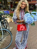 DERMEARNE 2025 Sweet Woman Single Breasted Top Slit Wide Leg Pants Set Fashion Plaid Pleated Half Sleeves Trousers Suit New Streetwear
