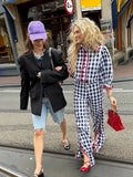 DERMEARNE 2025 Sweet Woman Single Breasted Top Slit Wide Leg Pants Set Fashion Plaid Pleated Half Sleeves Trousers Suit New Streetwear