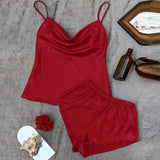 DERMEARNE 3 Pcs Set Women Pajama Sets Fashion Soild Suspenders and Shorts With Hanging Bag Home Wear Set Sexy Suspenders