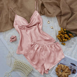 DERMEARNE 3 Pcs Set Women Pajama Sets Fashion Soild Suspenders and Shorts With Hanging Bag Home Wear Set Sexy Suspenders