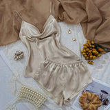 DERMEARNE 3 Pcs Set Women Pajama Sets Fashion Soild Suspenders and Shorts With Hanging Bag Home Wear Set Sexy Suspenders