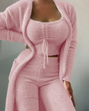 DERMEARNE 3 Pieces Solid Sleepwear Women Autumn Velvet Lace Up Crop Top + Long Pants+Cardigans Coat Fashion Comfatable Pajamas Homeswear