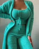 DERMEARNE 3 Pieces Solid Sleepwear Women Autumn Velvet Lace Up Crop Top + Long Pants+Cardigans Coat Fashion Comfatable Pajamas Homeswear