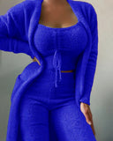DERMEARNE 3 Pieces Solid Sleepwear Women Autumn Velvet Lace Up Crop Top + Long Pants+Cardigans Coat Fashion Comfatable Pajamas Homeswear
