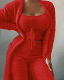 DERMEARNE 3 Pieces Solid Sleepwear Women Autumn Velvet Lace Up Crop Top + Long Pants+Cardigans Coat Fashion Comfatable Pajamas Homeswear