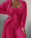 DERMEARNE 3 Pieces Solid Sleepwear Women Autumn Velvet Lace Up Crop Top + Long Pants+Cardigans Coat Fashion Comfatable Pajamas Homeswear