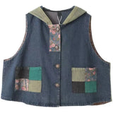 DERMEARNE 5XL Denim Vest Women's Hooded Sleeveless Jacket Spring Summer 2024 New Femme Korean Vintage Printed Patchwork Denim Waistcoat